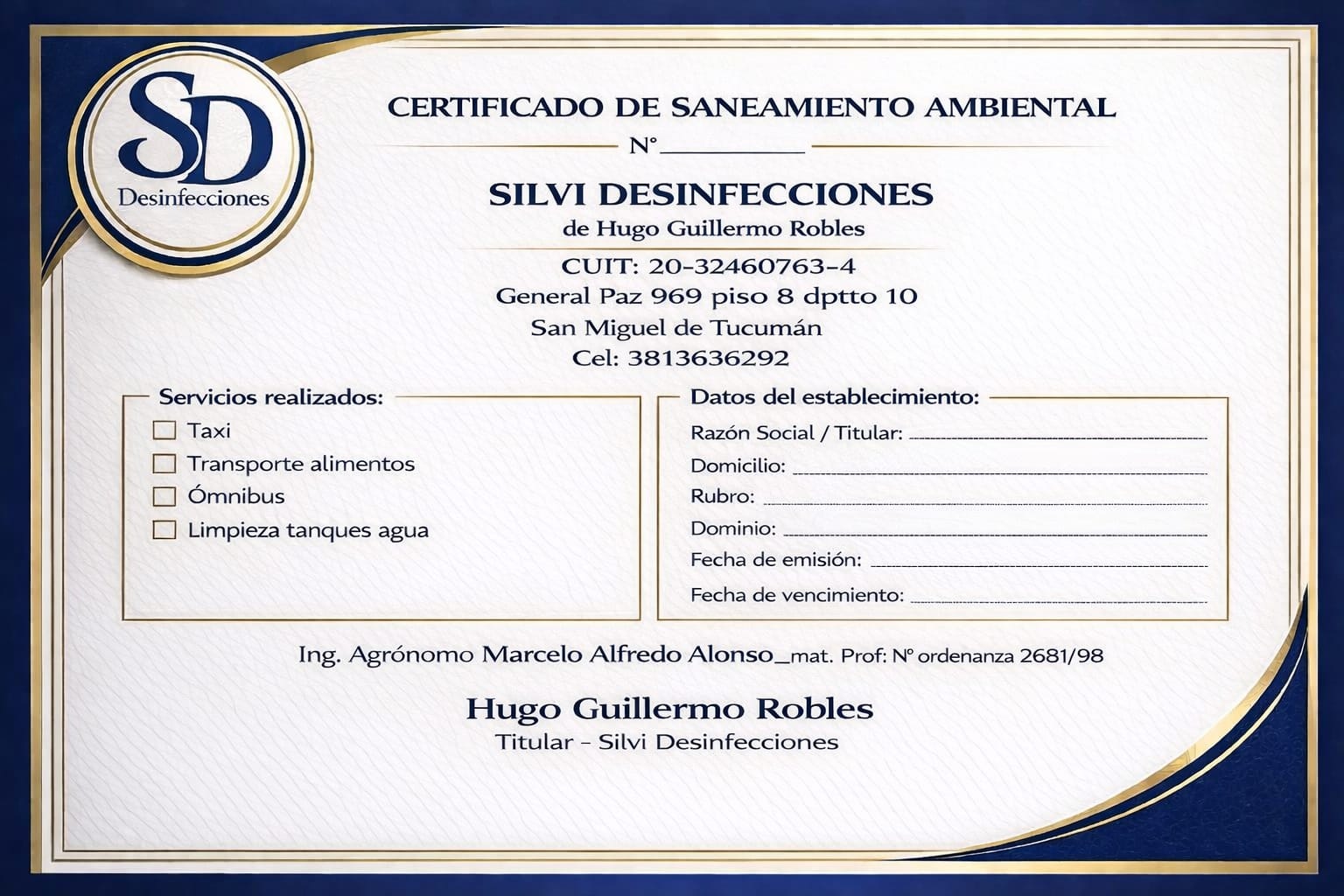 Certificado de Saneamiento Ambiental - Silvi Desinfecciones